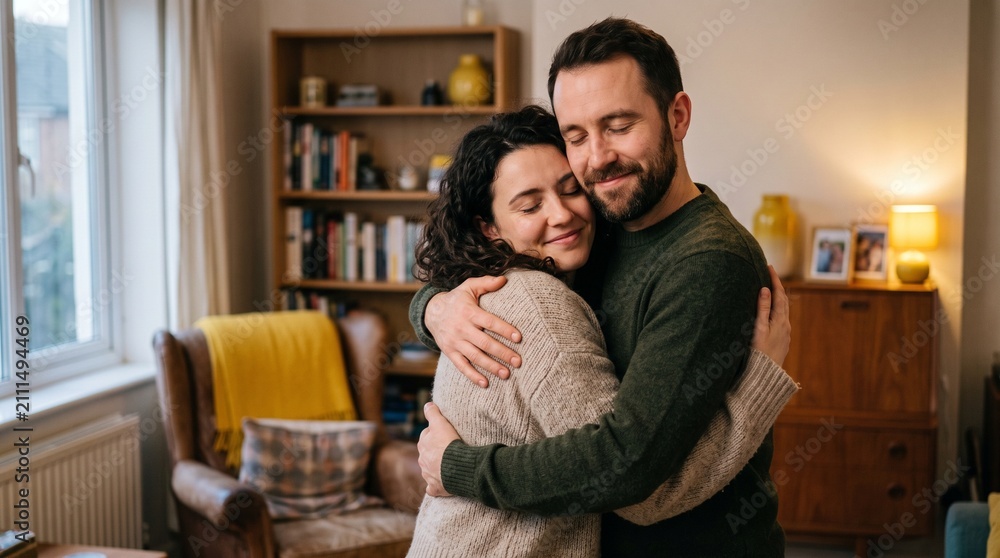 Fototapeta premium A Tender Embrace: A man and woman share a heartfelt hug in a cozy living room, their eyes closed and smiles conveying deep affection and comfort. A moment of pure love and connection.