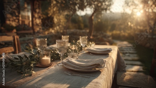 Rustic outdoor dinner table setting at sunset, elegant garden party with linen tablecloth and candles, Mediterranean alfresco dining experience