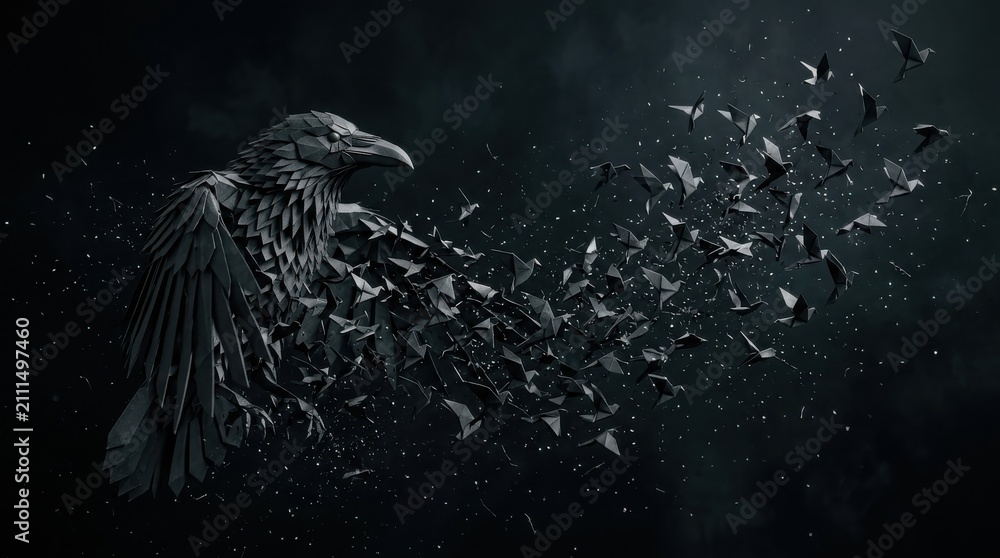Obraz premium Geometric raven dissolving into paper bird flock