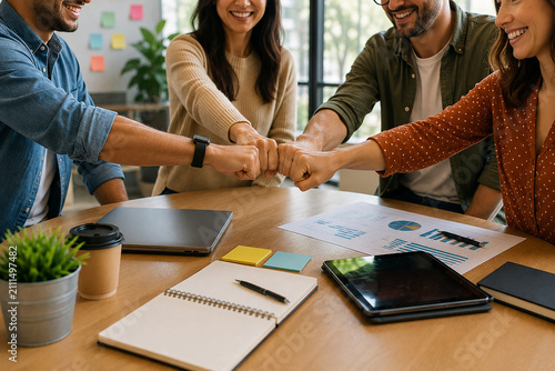 Business Team Joining Hands in Office Meeting Symbolizing Teamwork, Collaboration and Partnership