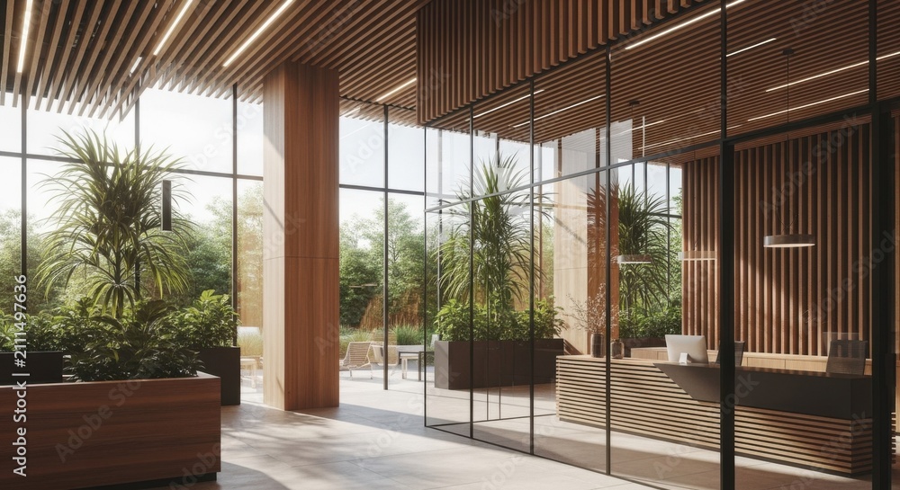 Fototapeta premium Interior perspective revealing warm timber accents framed by transparent glass curtain walls creating biophilic design atmosphere in corporate lobby.
