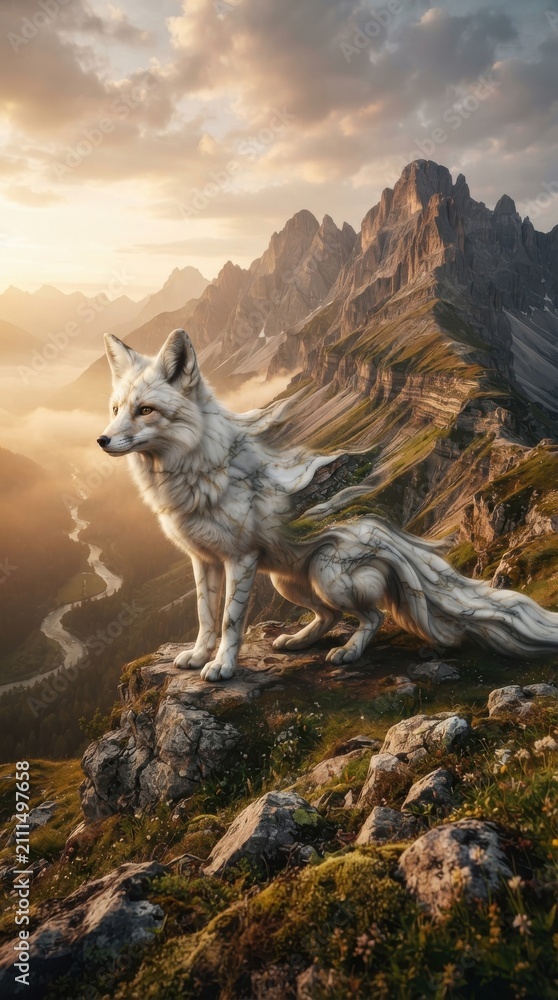 Fototapeta premium White fox standing on mountain cliff at sunset