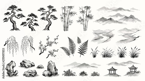 Set of traditional chinese ink painting elements