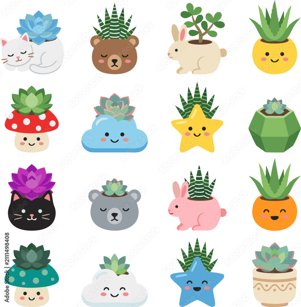 Fototapeta premium Kawaii succulent plant set featuring adorable animal pots, cloud planters, star containers, and mushroom planters vector illustration.