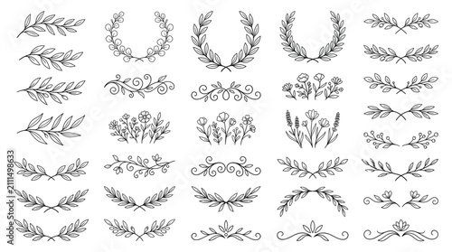 Set of hand drawn floral dividers, laurels and wreaths