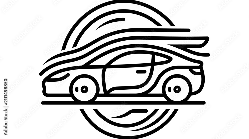 Obraz premium Minimalist outline icon of a sports car with motion lines in a circular frame.