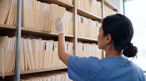 Modern medical archive room with healthcare worker selecting patient folder from labeled shelves, hospital data management stock photo
