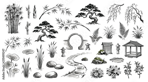 Set of hand drawn elements for japanese garden design