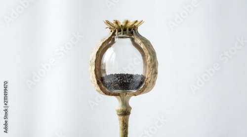Conceptual art of glass bulb inside a dried poppy seed head
