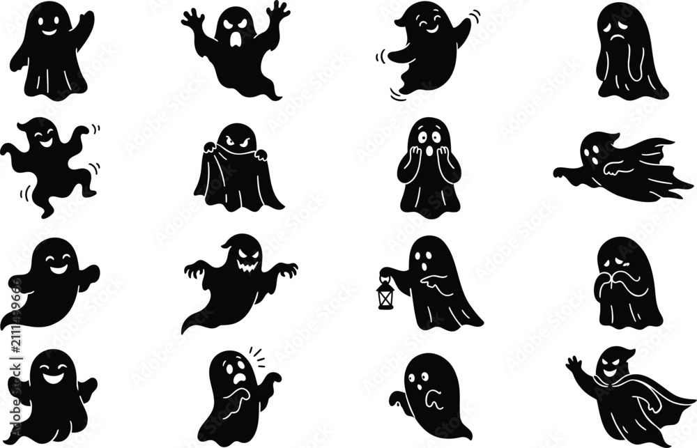 Obraz premium Set of cute black ghost silhouettes for halloween
