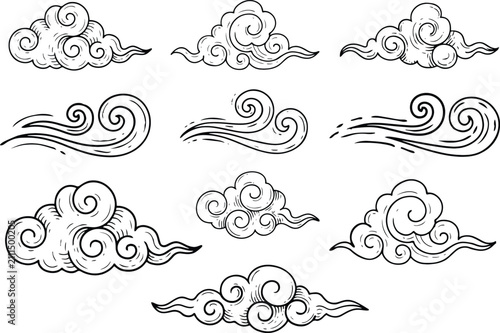 A collection of hand drawn oriental style clouds isolated on a white background for graphic design projects