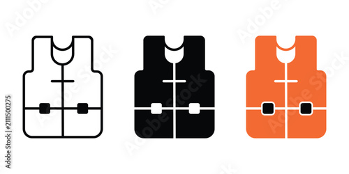 Life jacket icons set. in outline, silhouette, and color style. for aquatic rescue, boating, swimming safety  vector illustration.