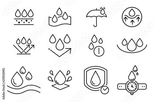 Obraz na płótnie Collection of waterproof icon set with water resistant shield in thine outline