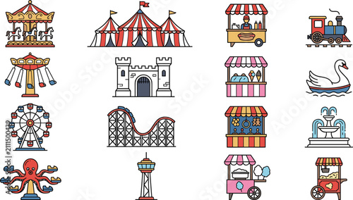 Amusement Park and Carnival Flat Line Icon Set with Circus Tent Rides Food Carts Rollercoaster and Ferris Wheel Vector Illustration Elements