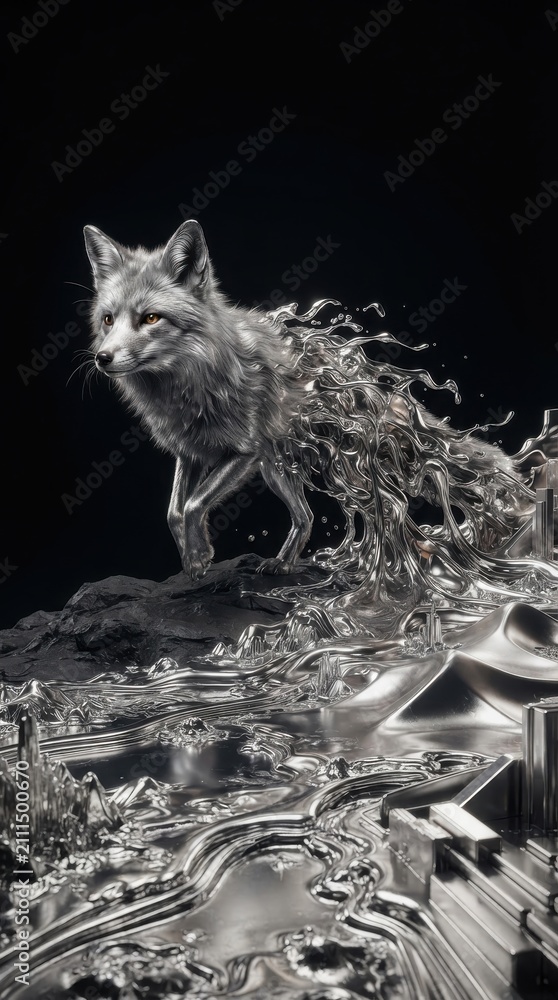 Fototapeta premium Metallic fox merging with liquid silver sculpture