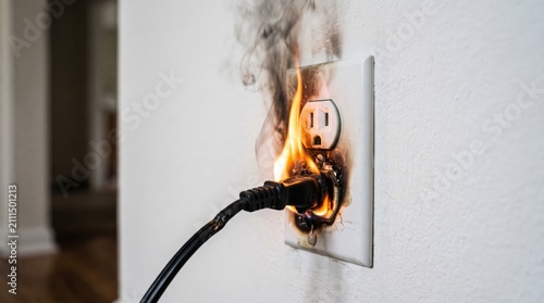Electrical Wall Outlet Burning Fire Short Circuit Flame Cable Overload Socket Hazard Danger Concept