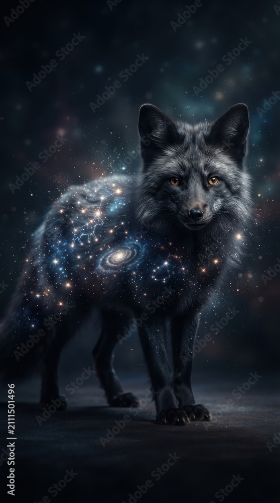 Fototapeta premium Cosmic black fox with starry galaxy fur