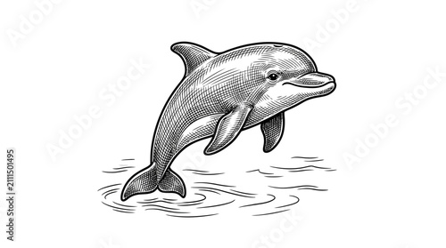 Fotografie Hand drawn jumping dolphin engraving on white background