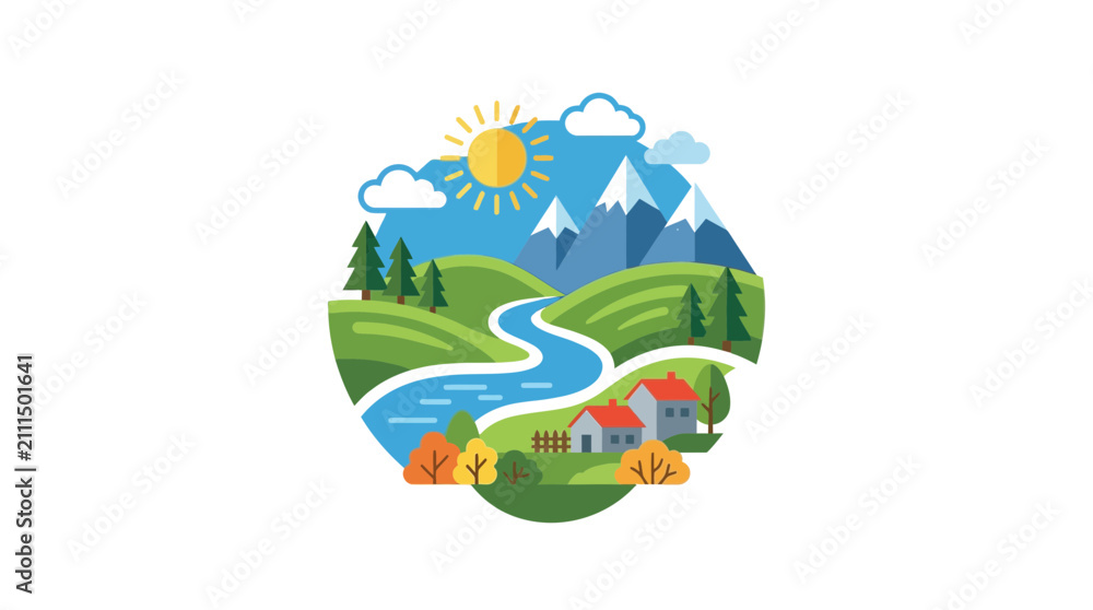 Naklejka premium Flat Vector Illustration of a Scenic Countryside Landscape with Mountains and River