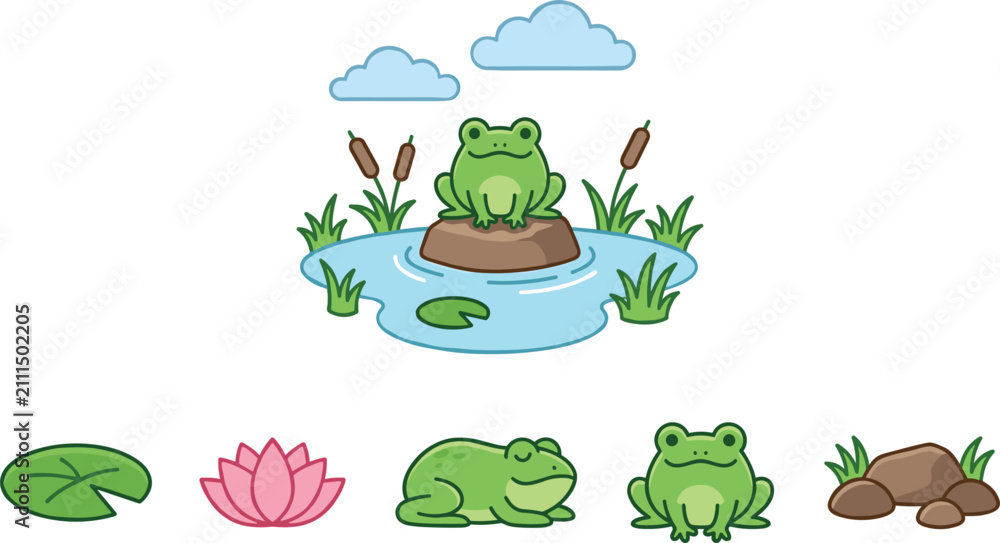 Obraz premium Pond Nature Scene and Cute Frog Icon Set with Lily Pad Lotus Flower Reeds Clouds and Stones Vector Illustration Isolated on White
