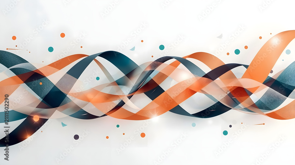 Fototapeta premium Abstract intertwined wavy ribbons in orange and teal with scattered dots on a light background.