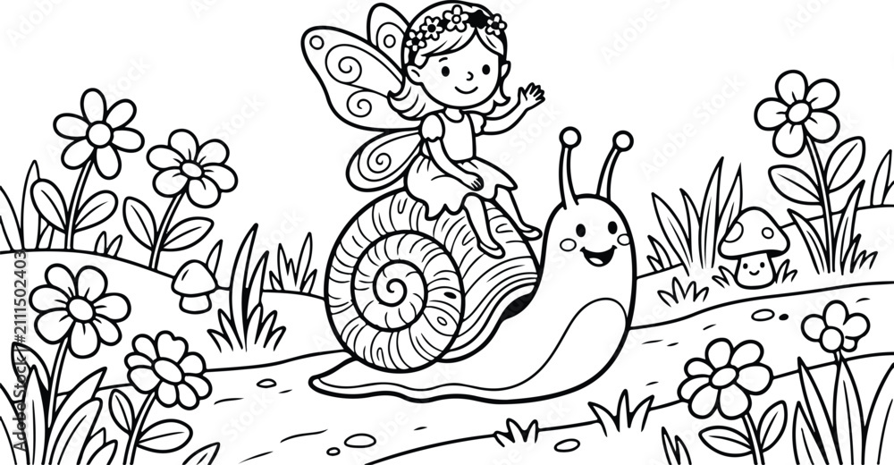 Fototapeta premium Cute little fairy riding a friendly snail in a flower garden for a fun kids coloring book page