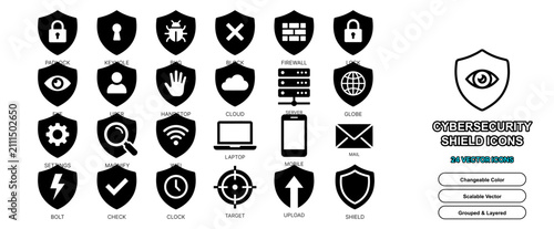 Cybersecurity shield flat shape icon set for system technology network privacy defense password information and safety