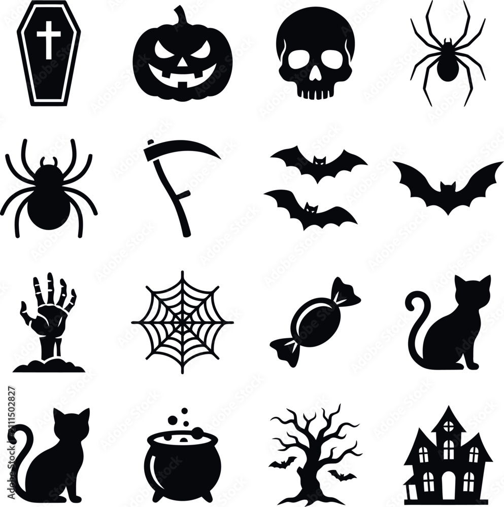 Fototapeta premium Set of black halloween icons and silhouettes for holiday decoration and party designs with halloween