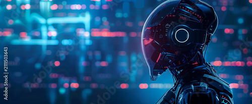 Close up view of a sophisticated cybernetic robot head with illuminated red and blue lights looking towards a digital technology network space.