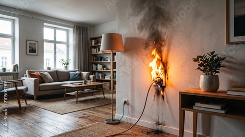 Living Room Electrical Outlet Fire Burning Wall Socket Smoke Flame Home Hazard Emergency Safety