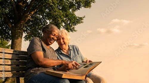 Two Elderly Friends of Different Ethnicities Laughing Together on Park Bench