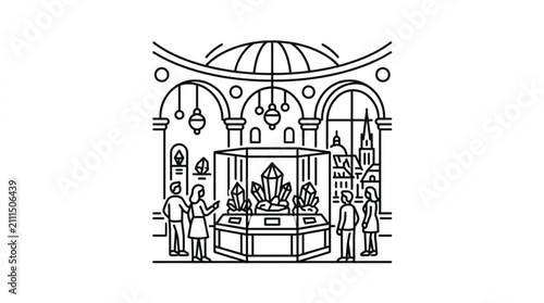 Photos Illustrated interior of a grand cathedral with worshippers.