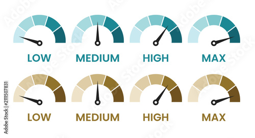 Set of speedometer or gauge icons with low, medium, high and maximum levels in blue and brown colors