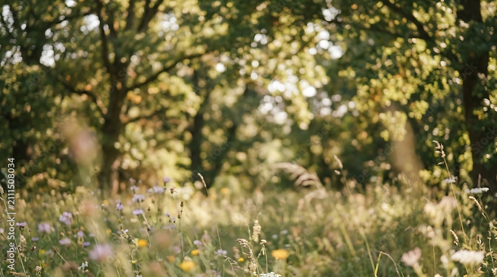 Fototapeta premium Wildflower meadow in summer forest. Blurred nature background with golden sunlight.