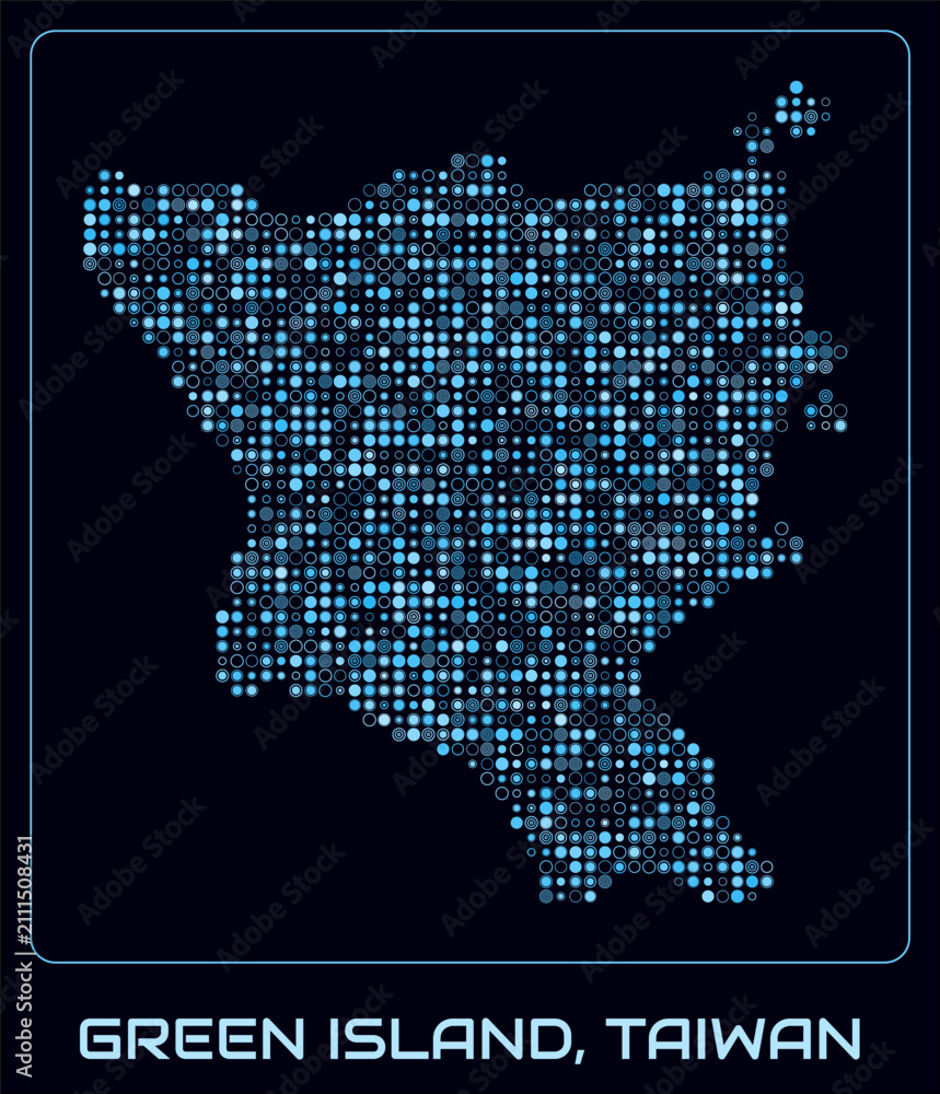 Obraz premium Green Island, Taiwan digital style map. Small circle dots on dark background. Dotted shape of the island. Vector map and title. Awesome vector illustration.