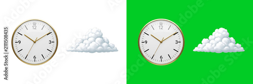 A comparison showing gold wall clocks and fluffy white clouds on black and green backgrounds