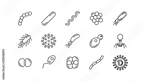 Canvas Print Set of 15 bacteria and virus line icons representing various microorganisms and