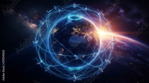 Global digital network visualization with futuristic data flow. AI-generated holographic world map connected by glowing nodes and light trails.