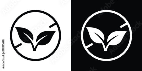 Bild auf Leinwand Non-vegan or restricted plant-based product icon with crossed-out leaf sprout graphic in a clean circular frame, ideal for food packaging warnings and dietary requirement labels