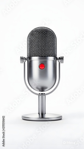 Professional vintage style podcast microphone with red recording indicator light isolated on a clean white background