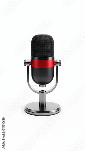 Single modern black and red vintage-style microphone isolated on a white background, ideal for professional broadcasting, podcasting, and vocal recording