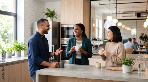 Diverse colleagues in a modern office kitchen enjoying a coffee break, sharing laughter and conversation, fostering teamwork and positive workplace culture, with natural light