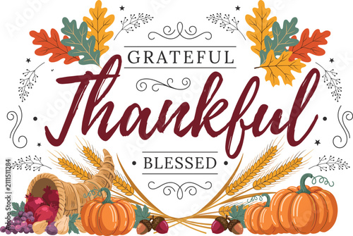 Foto Grateful thankful blessed thanksgiving greeting card design with cornucopia and