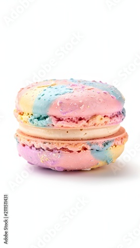 A delicious pastel rainbow macaron with cream filling isolated on a pure white background
