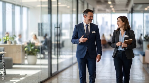 Two smiling business professionals, a man and a woman, walking and talking in a bright, modern office hallway with glass walls and city views, exuding confidence and collegiality