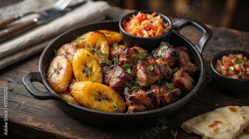 Haitian griot with fried plantains and pikliz served in a black dish.