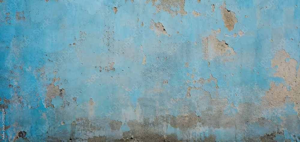 Fototapeta premium Weathered blue concrete wall with peeling paint, distressed cement texture background, rustic aged plaster surface for urban design