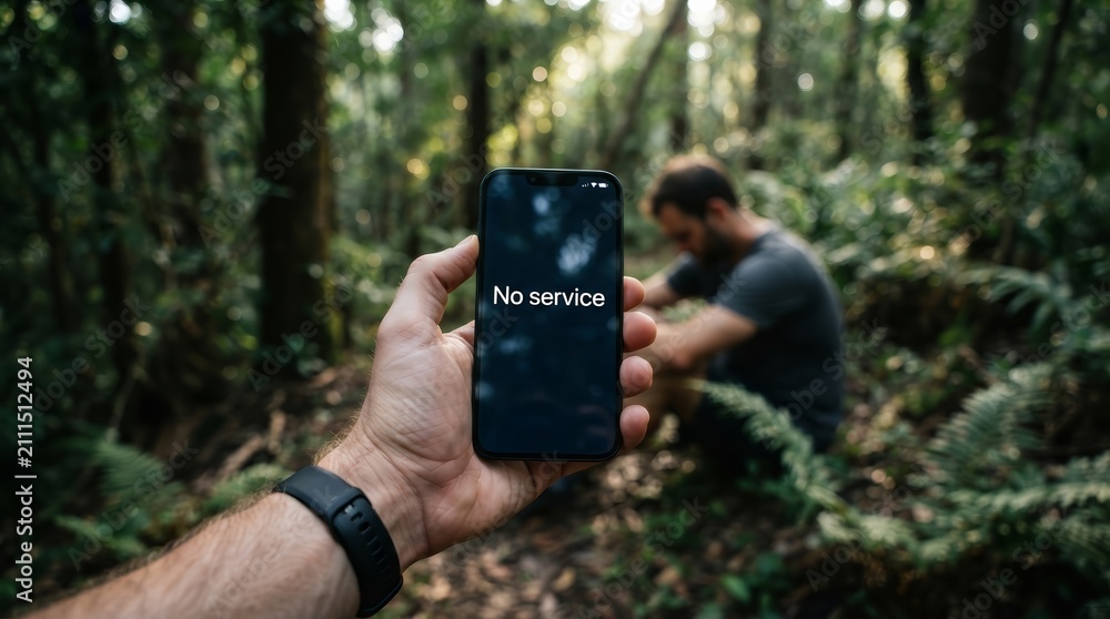 Fototapeta premium A person holds a smartphone showing no service in a dense forest.