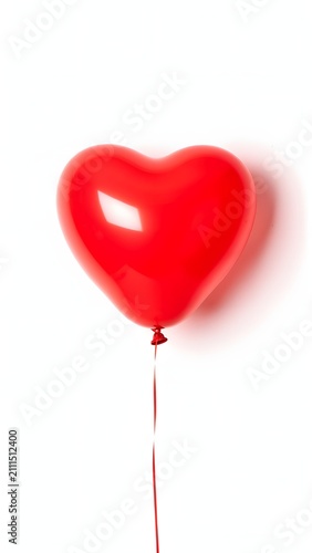 A glossy red heart-shaped balloon with a ribbon on a clean white background for Valentine's day