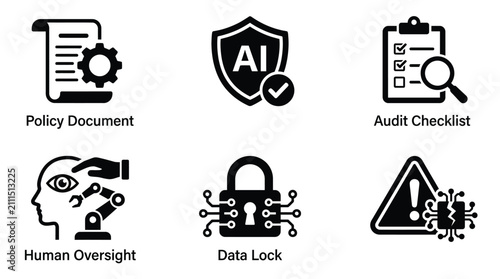 Modern vector illustration set featuring black flat icons representing artificial intelligence policy audit human oversight data lock and system warning